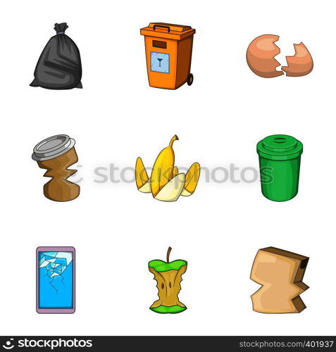 Garbage sorting concept icons set. Cartoon illustration of 9 garbage sorting concept vector icons for web. Garbage sorting concept icons set, cartoon style