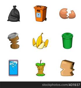 Garbage sorting concept icons set. Cartoon illustration of 9 garbage sorting concept vector icons for web. Garbage sorting concept icons set, cartoon style