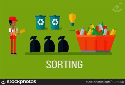 Garbage sorting concept. Man sorting garbage. Waste recycling concept. Sorting process different types of waste. Garbage destroying. Website design template. Vector illustration in flat style design. Garbage Sorting Concept