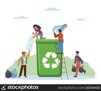 Garbage sorting. Small activist people throw litter in containers, women and man separate trash in green can, pollution protect and ecology recycle concept flat vector cartoon isolated illustration. Garbage sorting. Small people throw litter in containers, women and man separate trash in can, pollution protect and ecology recycle concept flat vector cartoon isolated illustration