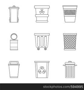 Garbage storage icon set. Outline style set of 9 garbage storage vector icons for web isolated on white background. Garbage storage icon set, outline style