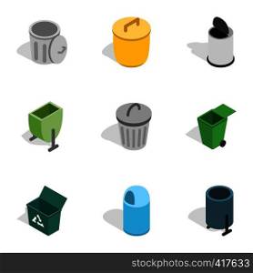 Garbage storage icons set. Isometric 3d illustration of 9 garbage storage vector icons for web. Garbage storage icons, isometric 3d style