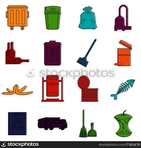 Garbage thing icons set. Doodle illustration of vector icons isolated on white background for any web design. Garbage thing icons doodle set