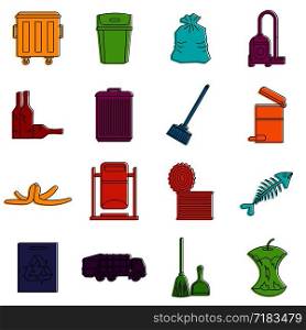 Garbage thing icons set. Doodle illustration of vector icons isolated on white background for any web design. Garbage thing icons doodle set