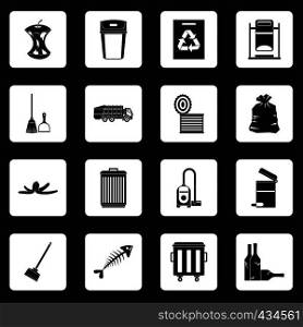 Garbage thing icons set in white squares on black background simple style vector illustration. Garbage thing icons set squares vector