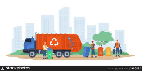 Garbage transportation. Waste tanks shipment in trash truck, scavengers service, workers take city garbage for recycling, corted rubbish colorful containers, vector cartoon flat horizontal concept. Garbage transportation. Waste tanks shipment in trash truck, scavengers service, workers take city garbage for recycling, colorful containers, vector cartoon flat concept