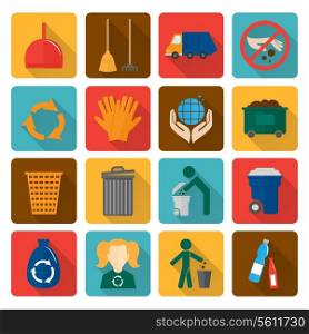 Garbage trash cleaning recycling environmental symbols flat shadowed icons set isolated vector illustration