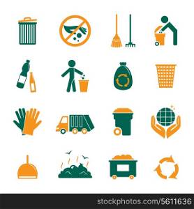 Garbage trash cleaning recycling environmental symbols icons set isolated vector illustration