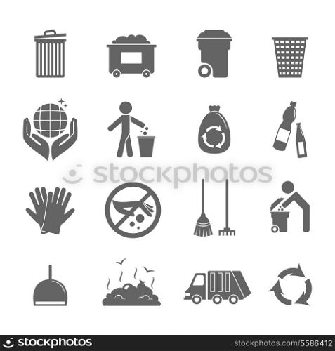 Garbage trash recycling environmental hygienic symbols black icons set isolated vector illustration