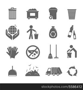 Garbage trash recycling environmental hygienic symbols black icons set isolated vector illustration