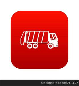 Garbage truck icon digital red for any design isolated on white vector illustration. Garbage truck icon digital red