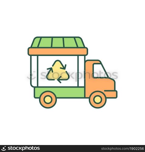 Garbage truck RGB color icon. Waste collection vehicle. Refuse truck. Bin lorry. Waste management service. Garbage transportation. Isolated vector illustration. Simple filled line drawing. Garbage truck RGB color icon