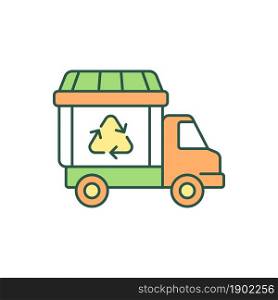 Garbage truck RGB color icon. Waste collection vehicle. Refuse truck. Bin lorry. Waste management service. Garbage transportation. Isolated vector illustration. Simple filled line drawing. Garbage truck RGB color icon