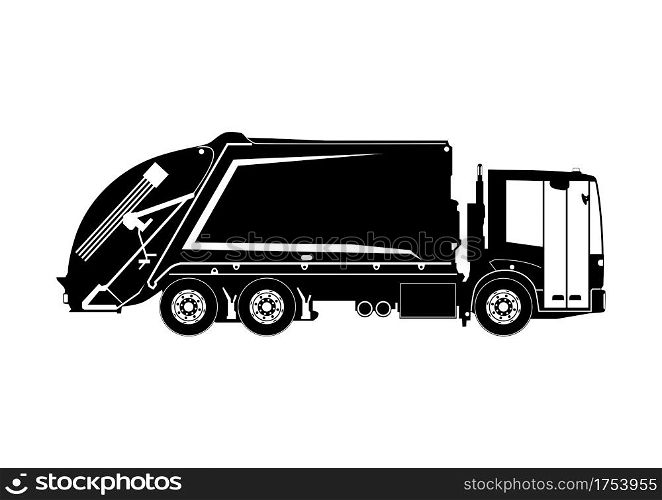 Garbage truck silhouette. Medium size modern rear loader refuse truck. Side view. Flat vector.