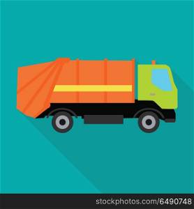 Garbage Truck Vector Illustration in Flat Design.. Garbage truck vector illustration in flat style. Car waste transportation picture for conceptual banners, web, app, icons, infographics, logotype design. Isolated on blue background.. Garbage Truck Vector Illustration in Flat Design.