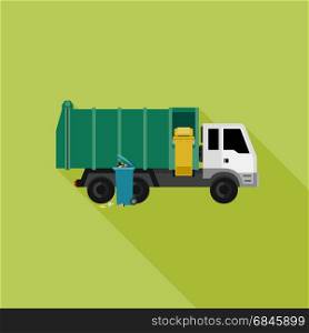 Garbage truck with long shadow. Garbage truck with long shadow. Vector flat Banner with garbage truck and dumpsters.