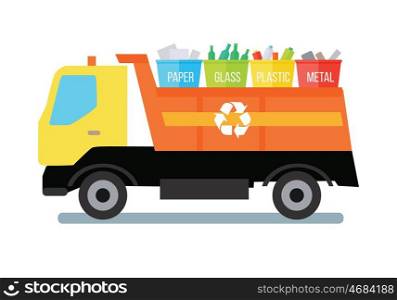 Garbage Truck with Trash. Garbage truck transporting colored recycle waste bins with paper, glass, plastic, metal. Garbage tipper with trash. Waste recycling concept. Cargo truck. Vector illustration in flat style design.