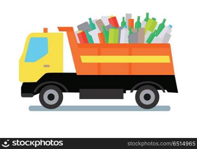 Garbage Truck with Trash. Garbage truck transportinggarbage, plastic and glass. Tipper with yellow cabin and orange vehicle. Garbage tipper with trash. Waste recycling concept. Cargo truck. Vector illustration in flat style