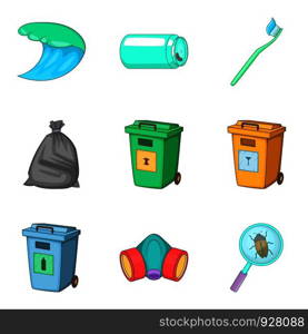 Garbage type icon set. Cartoon set of 9 garbage type vector icons for web design isolated on white background. Garbage type icon set, cartoon style