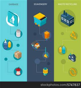 Garbage vertical banners set with scavengery and waste recycling isometric elements isolated vector illustration