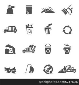 Garbage waste ecology recycling and pollution icons black set isolated vector illustration
