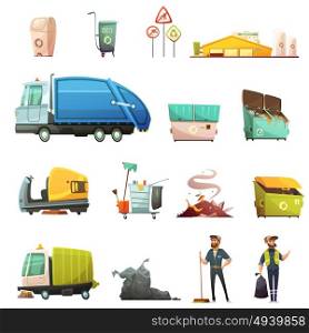 Garbage Waste Sorting Cartoon Icons Set . Garbage sorting and recycling process cartoon icons set with yard waste collecting in eco containers isolated icons illustration