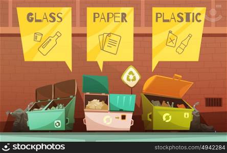 Garbage Waste Sorting Cartoon Icons Set . Household waste sorting colored containers for glass paper and plastic recycling advertisement cartoon poster abstract vector illustration