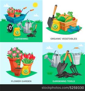 garden 2x2 design concept . Garden 2x2 design concept set of organic vegetables garden flowers tools and inventory colored compositions flat vector illustration