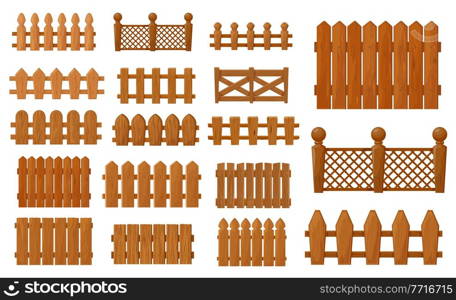 Garden and farm cartoon wooden fence, vector palisade gates, balustrade with pickets. Enclosure railing, banister or fencing sections with decorative pillars. Wood border panels isolated elements set. Garden and farm cartoon wooden fence, vector set