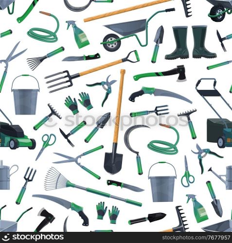 Garden and farm tools vector seamless pattern. Agriculture equipment background with rake, shovel, fork and wheelbarrow, spade, trowel, bucket and watering hose, pitchfork, axe, pruners and boots. Garden and farm tools seamless pattern background