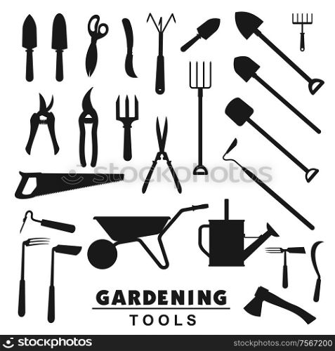 Garden and farming tools silhouette icons, rake and farm fork, gardener equipment. Vector soil cultivating and gardening trowel, tree secateurs, saw and watering can, pitchfork and wheelbarrow. Gardening tools, farmer agriculture equipment