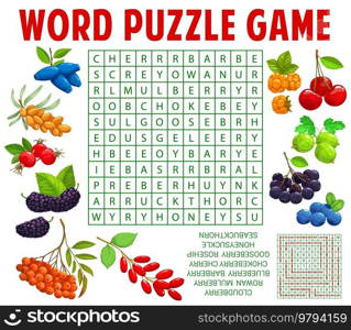 Garden and forest berry word search puzzle game worksheet. Kids quiz grid, text riddle or vector vocabulary puzzle with cloudberry, rowan and mulberry, blueberry, chokeberry and rosehip, honeysuckle. Kids quiz grid, word search puzzle with berries
