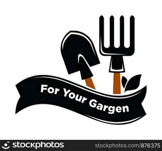 Garden and gardening shop vector logo of gardener tools spade and fork with tree palnt leaf. Garden shop vector icon of gardening tools
