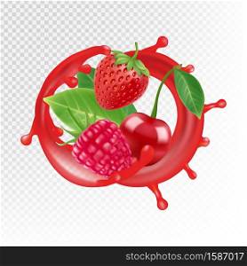 Garden and wild berries. Vector realistic juice splash, raspberry, strawberry, cherry isolated on transparent background. Red berry healthy, cherry juice fresh illustration. Garden and wild berries. Vector realistic juice splash, raspberry, strawberry, cherry isolated on transparent background