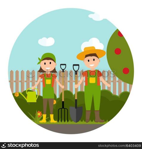 Garden Background Vector Illustration. Farmer Gardener Man and Woman in Modern Flat Style. EPS10. Garden Background Vector Illustration. Farmer Gardener Man and W