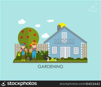 Garden Background Vector Illustration. Farmer Gardener Man and Woman in Modern Flat Style. EPS10. Garden Background Vector Illustration. Farmer Gardener Man and W