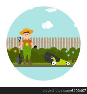 Garden Background Vector Illustration. Farmer Gardener Man with Lawnmower in Modern Flat Style. EPS10. Garden Background Vector Illustration. Farmer GarGarden Backgrou