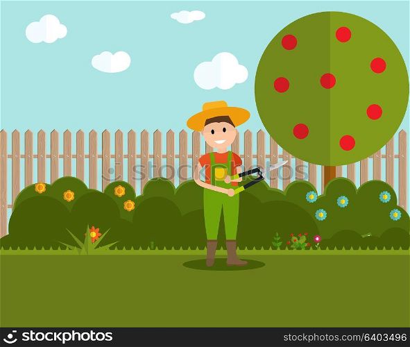 Garden Background Vector Illustration. Farmer Gardener Man with Scissors for Shearing Bushes in Modern Flat Style. EPS10. Garden Background Vector Illustration. Farmer Gardener Man with