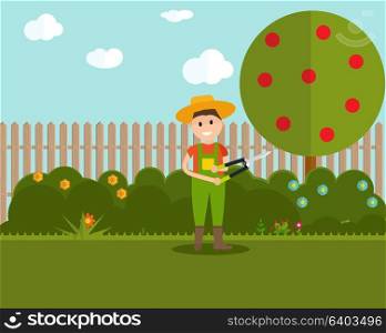Garden Background Vector Illustration. Farmer Gardener Man with Scissors for Shearing Bushes in Modern Flat Style. EPS10. Garden Background Vector Illustration. Farmer Gardener Man with