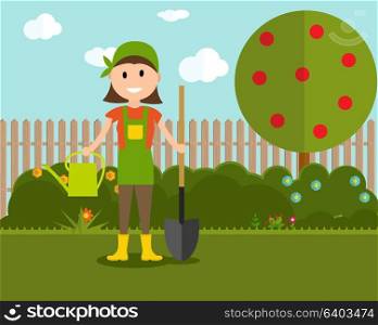 Garden Background Vector Illustration. Farmer Gardener Woman in Modern Flat Style. EPS10. Garden Background Vector Illustration. Farmer Gardener Woman in