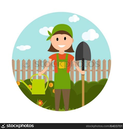 Garden Background Vector Illustration. Farmer Gardener Woman in Modern Flat Style. EPS10. Garden Background Vector Illustration. Farmer Gardener Woman in