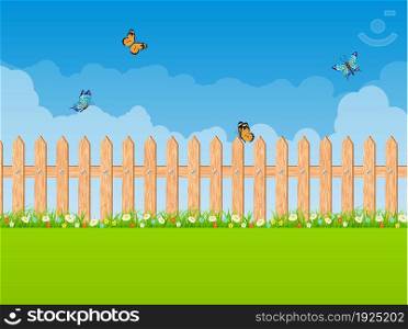 Garden background with green tree and wooden fence. Vector illustration in flat style. Summer garden scene with wooden fence and blue sky