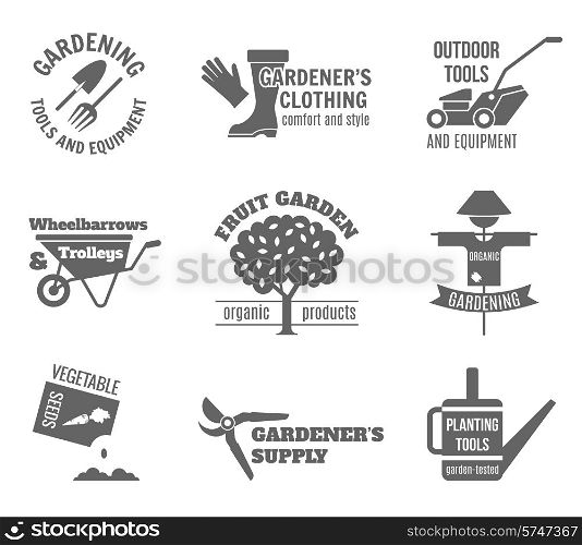 Garden black label set with tools equipment clothing fruit and vegetable seeds isolated vector illustration