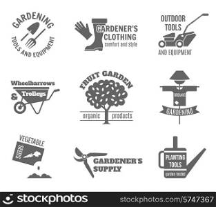 Garden black label set with tools equipment clothing fruit and vegetable seeds isolated vector illustration