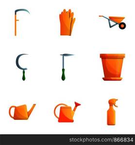 Garden care tools icon set. Cartoon set of 9 garden care tools vector icons for web design isolated on white background. Garden care tools icon set, cartoon style