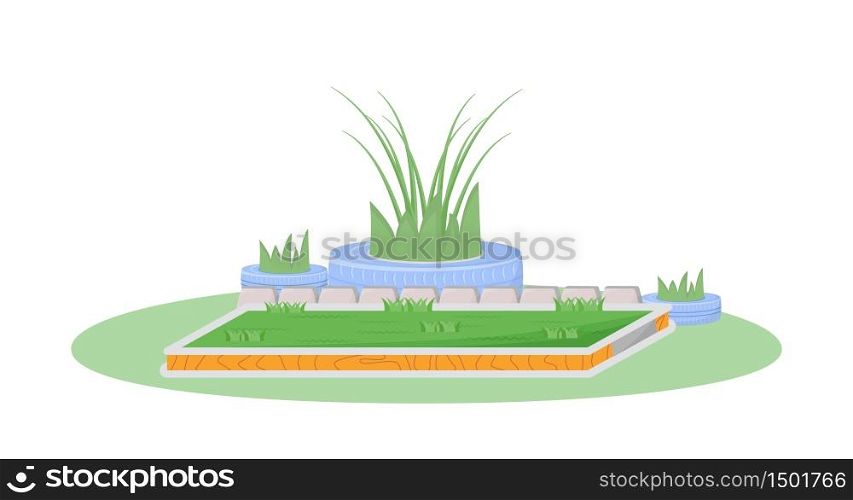 Garden cartoon vector illustration. Backyard plants and decoration. Yard with growing bushes. Field for pet sitting. Lawn flat color object. Grass in fence isolated on white background. Garden cartoon vector illustration