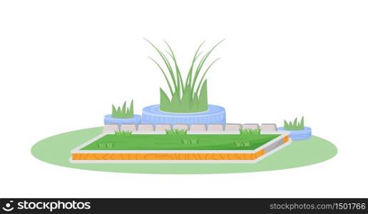 Garden cartoon vector illustration. Backyard plants and decoration. Yard with growing bushes. Field for pet sitting. Lawn flat color object. Grass in fence isolated on white background. Garden cartoon vector illustration