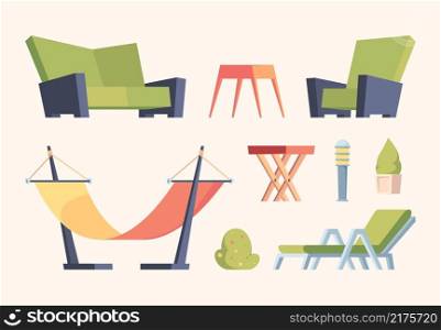 Garden decoration. Modern furniture for relax time in garden outside terrace items chairs swing bushes couch garish vector flat pictures collection. Illustration furniture for garden, seat and table. Garden decoration. Modern furniture for relax time in garden outside terrace items chairs swing bushes couch garish vector flat pictures collection