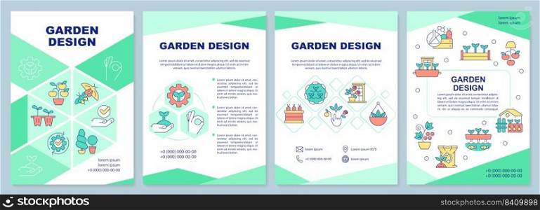 Garden design green brochure template. Floral decoration. Leaflet design with linear icons. Editable 4 vector layouts for presentation, annual reports. Arial-Black, Myriad Pro-Regular fonts used. Garden design green brochure template