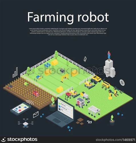 Garden farming robot concept banner. Isometric illustration of garden farming robot vector concept banner for web design. Garden farming robot concept banner, isometric style